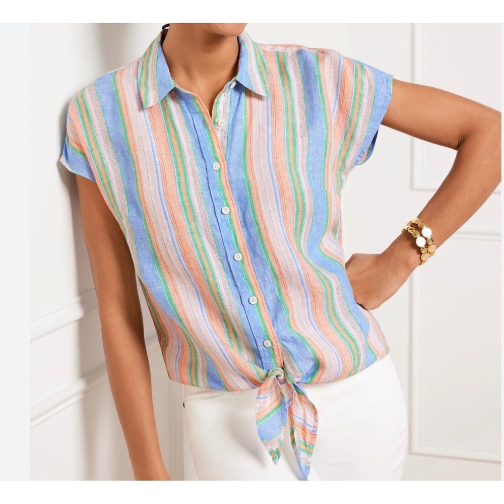 Talbots Womens Medium 100% Linen Multi-Color Striped Tie-Front Shirt BD2706